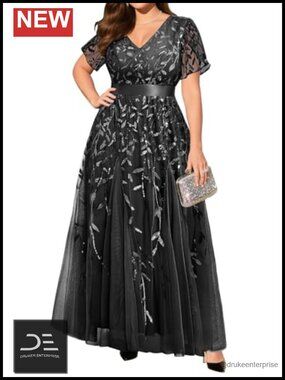 Plus Size Long Sequin Formal Prom Evening Dress Petal Sleeve Tulle Gown